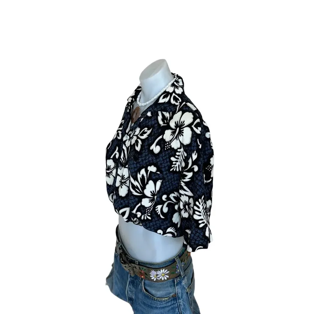 Hawaiian Shirt Hibiscus Button Down Crop Top One Size Boxy Coconutgirl Unique - Picture 3 of 6